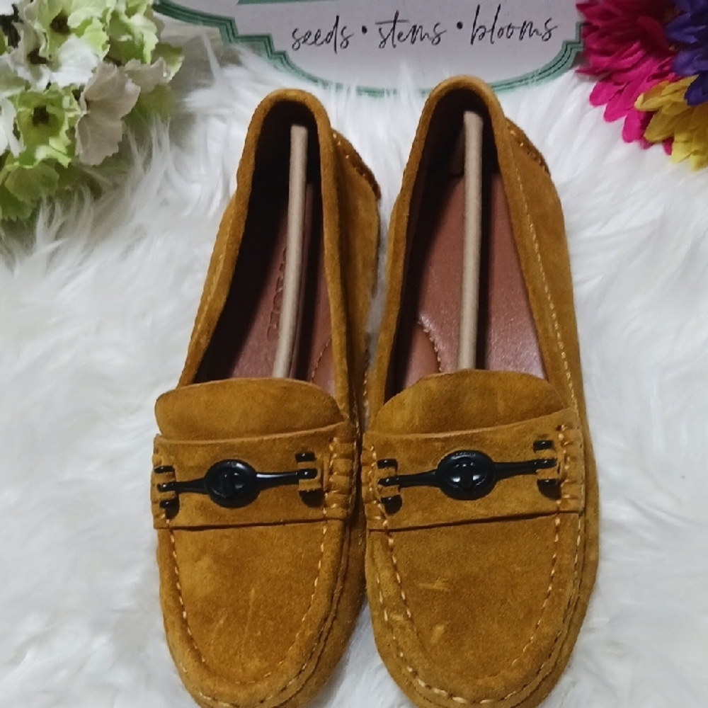 Mustard Suede Loafers with Black Buckle - Picture 2 of 7